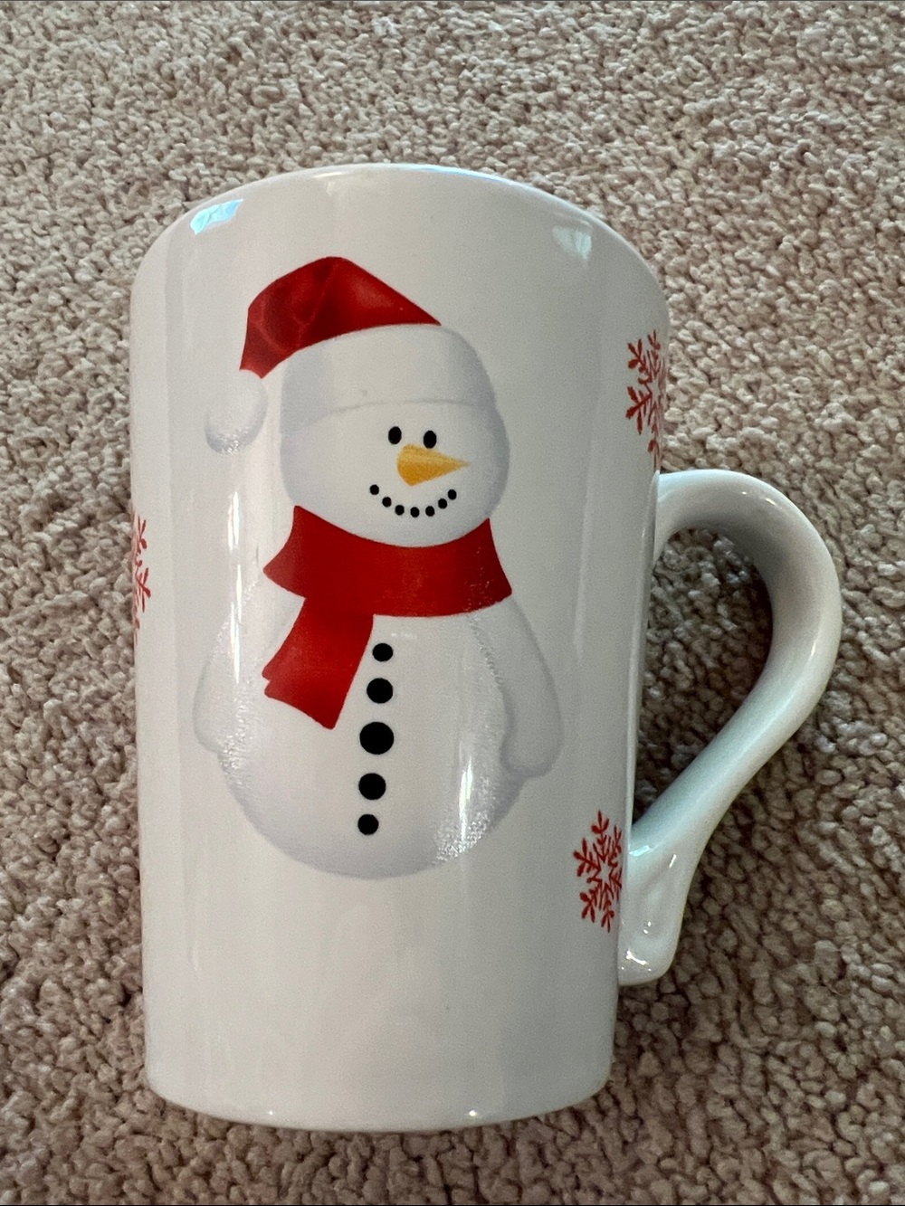 White Snowman Ceramic Holiday Mug with Red Accents